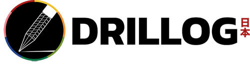 Logo Drillog with a pen in a color circle and japanese caracters in red