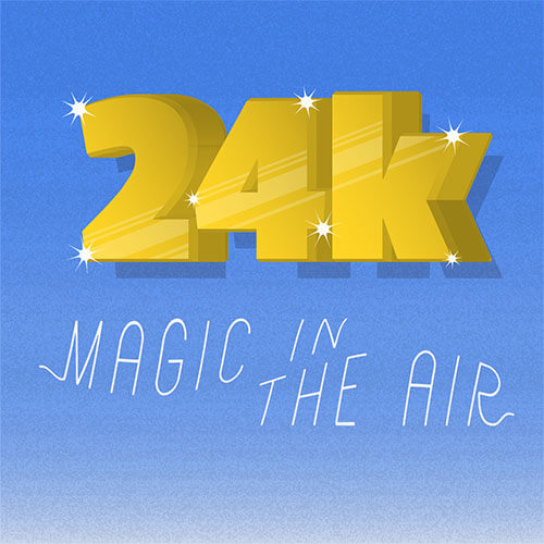 24k letters in gold and shining with in the air in white and thin in a blue background