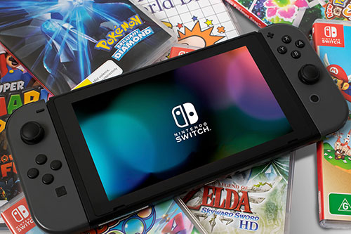 Edited photo of nintendo switch with controlers over games