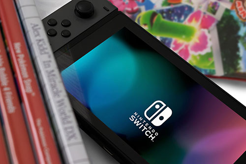 Edited photo of games on the side and nintendo switch with controlers on the floor